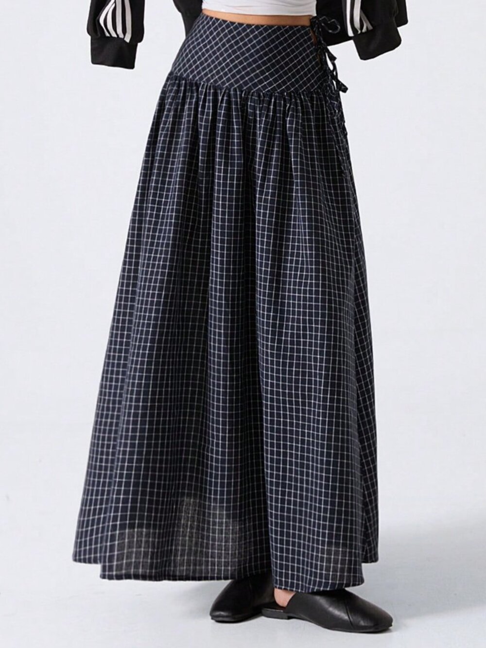 Multicolor Casual Women's Plaid Low Rise Flared Side Tie Maxi Skirt